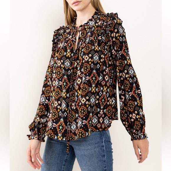 22 Bohemian Print Ruffle Self Tie Neck Blouse - Picture 5 of 6